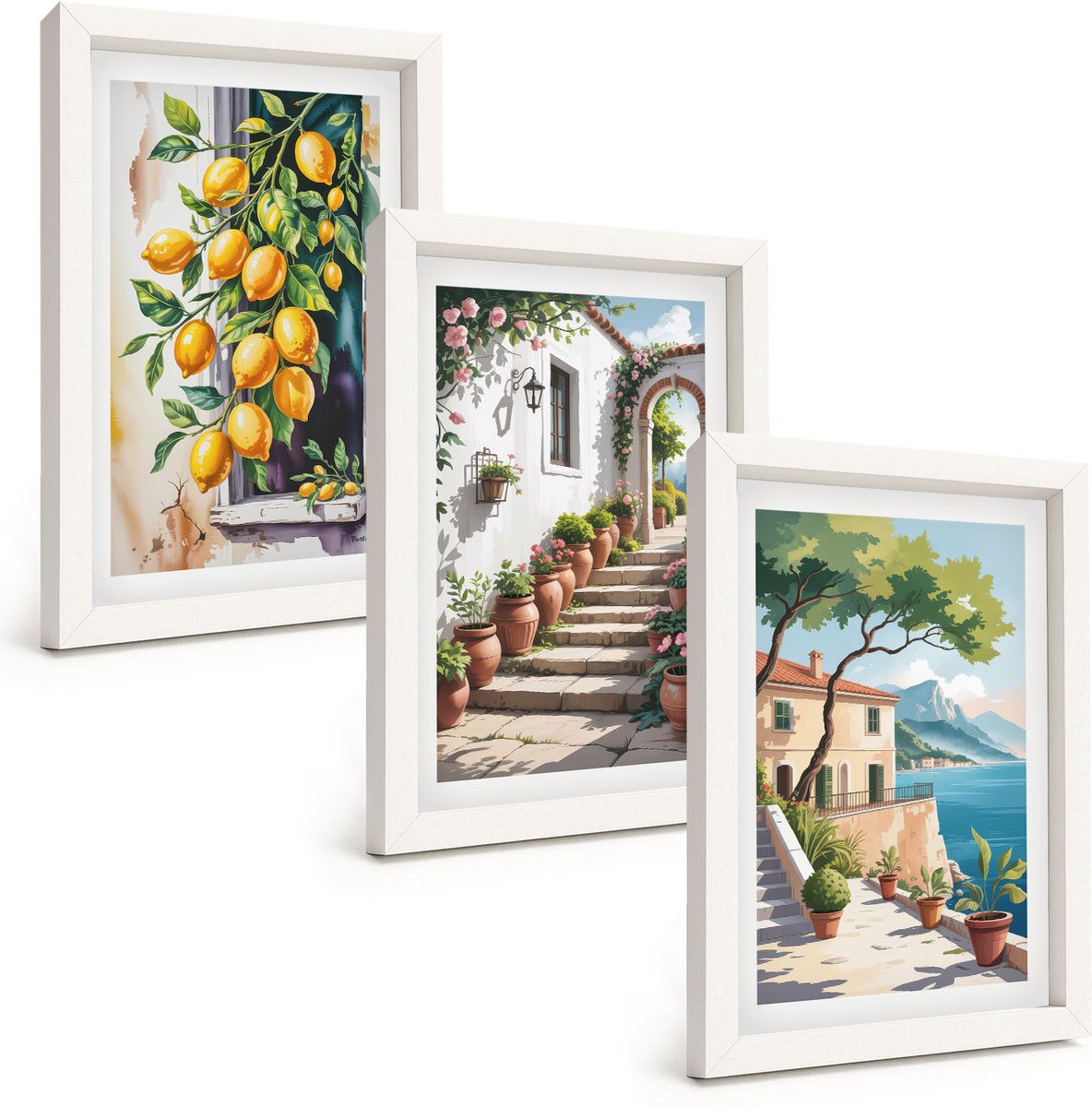 Wallfluent 3-Delige Schilderij Set - Citroenen Tegen Een Achtergrond Van Bloemen En Uitzicht Op Zee. - 20 x 30 - Wanddecoratie - Woonkamer Decoratie - Decoratieve Schilderijen
