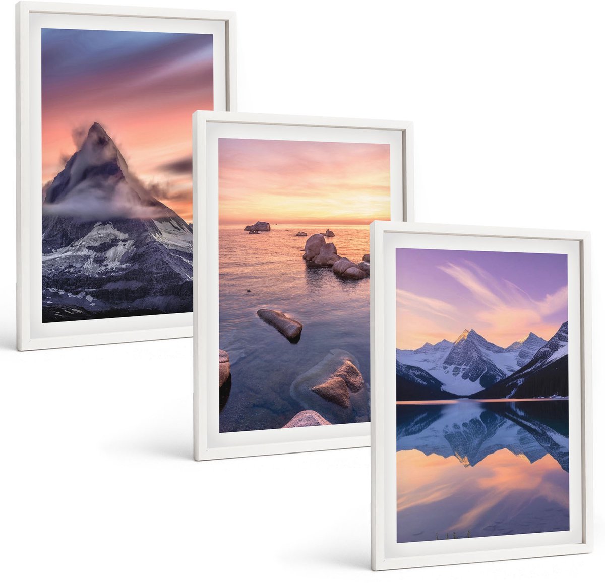 Wallfluent 3-Delige Schilderij Set - Landschappen, Bergen, Meren En Zonsondergang - 40 x 60 - Stijlvolle Wanddecoratie - Interieur - Stijlvolle Muurdecoratie