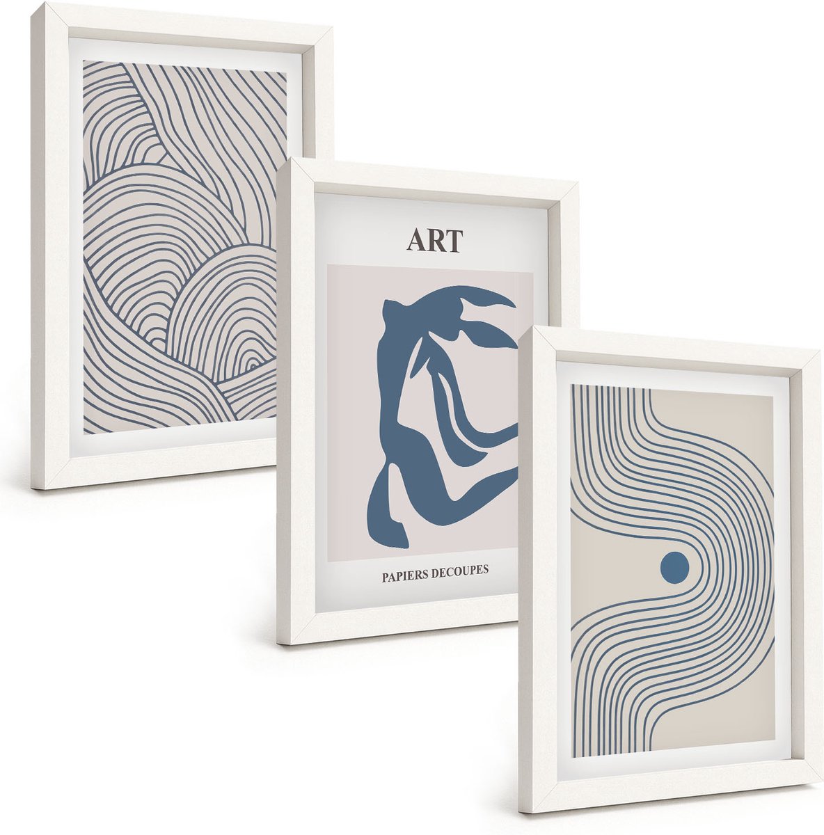 Wallfluent 3-Delige Schilderij Set - Abstracte Patronen Van Lijnen En Vormen In Blauwe Tinten - 20 x 30 - Muurdecoratie - Interieur Decoratie - Woonkamer Decoratie