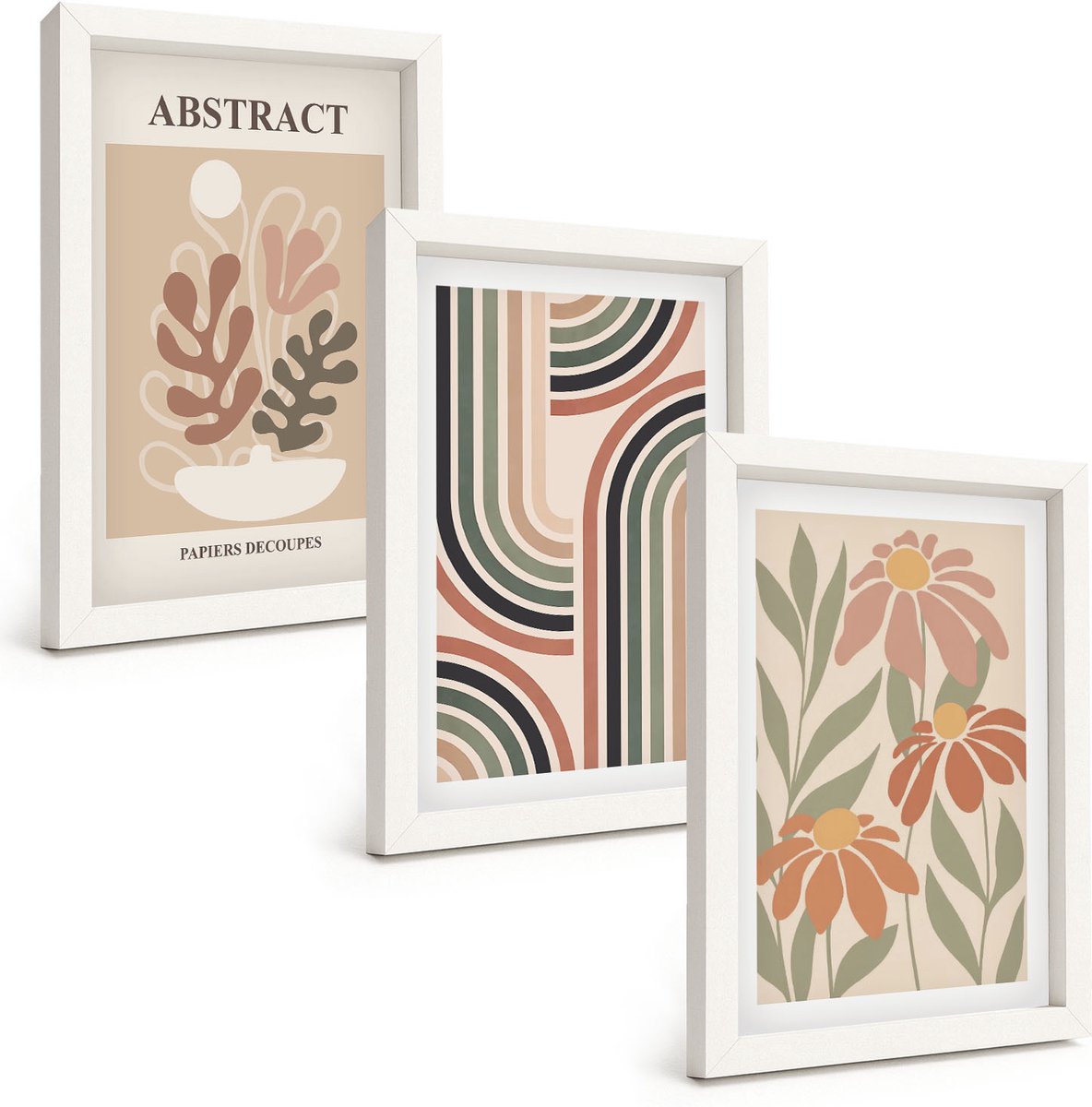 Wallfluent 3-Delige Schilderij Set - Abstracte Planten En Patronen In Pastelkleuren - 20 x 30 - Wanddecoratie - Schilderijen Set - Interieur - Woonkamer Decoratie