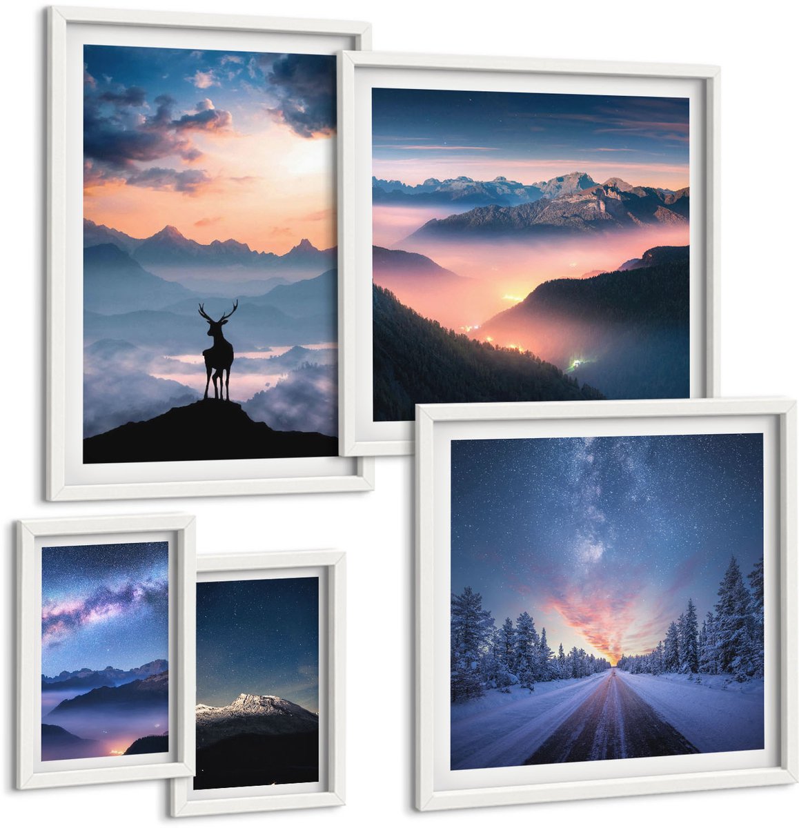 Wallfluent 5-Delige Schilderij Set - Berglandschappen Met Dieren In Het Wild En De Nachtelijke Hemel - 50 x 50 cm, 20 x 30 cm En 40 x 60 cm - Stijlvolle Muurdecoratie - Kantoor - Wanddecoratie
