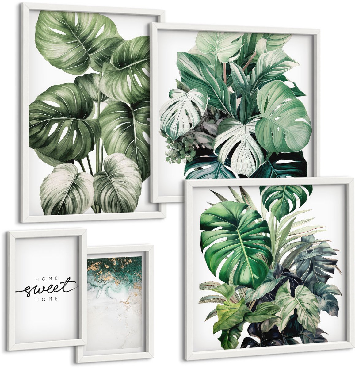 Wallfluent 5-Delige Schilderij Set - Decoratieve Plantmotieven In Een Moderne Stijl - 50 x 50 cm, 20 x 30 cm En 40 x 60 cm - Stijlvolle Wanddecoratie - Interieur