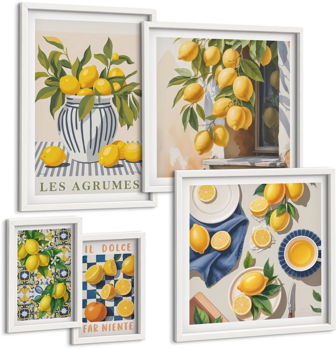 Wallfluent 5-Delige Schilderij Set - Citrus-Inspiratie In Provençaalse Stijl Voor Wanddecoratie - 50 x 50 cm, 20 x 30 cm En 40 x 60 cm - Wanddecoratie - Muurdecoratie - Moderne Interieurdecoratie - Interieur Decoratie