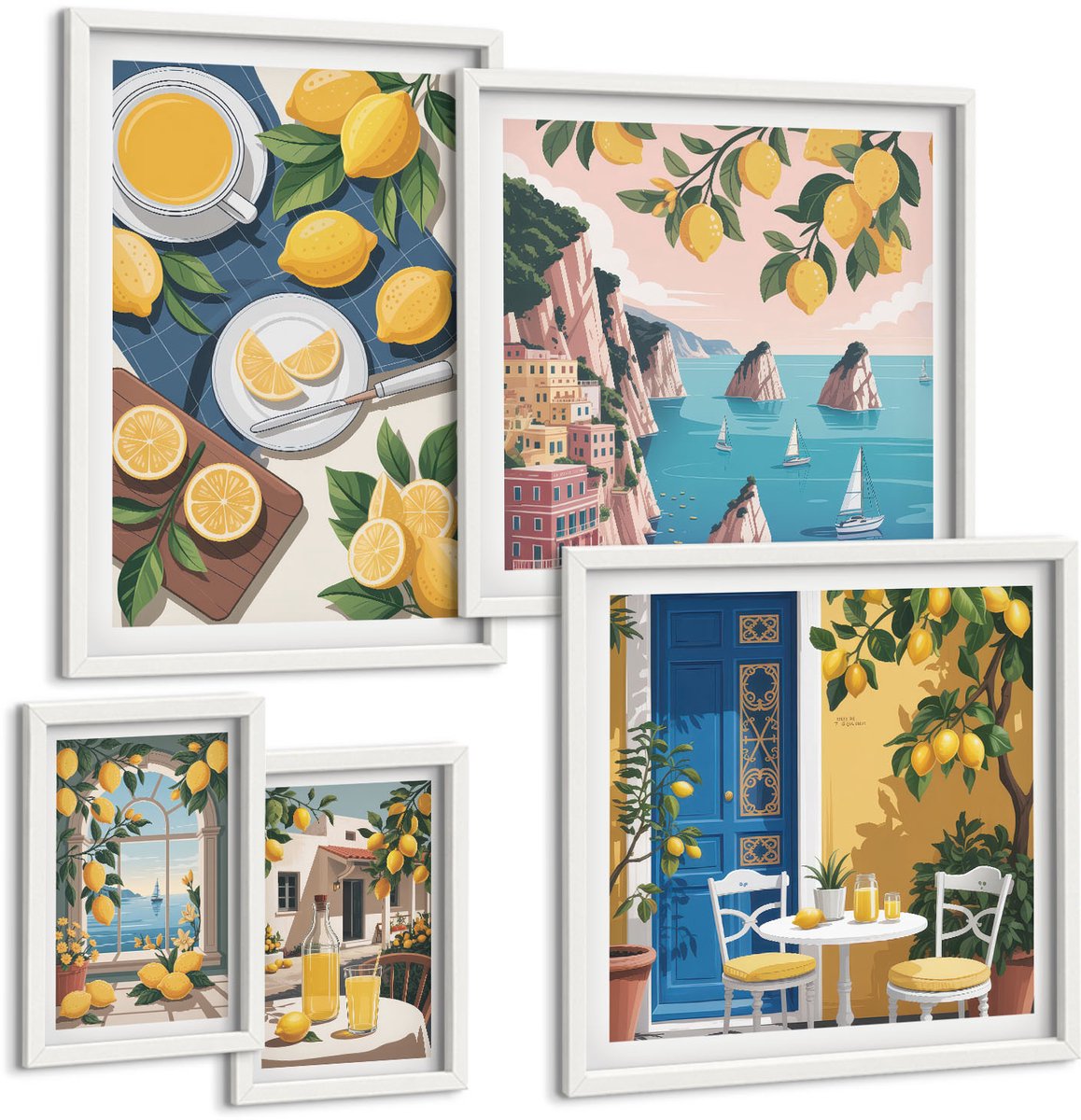 Wallfluent 5-Delige Schilderij Set - Frisse Citroenmotieven En Een Zomerse Sfeer In Boho-Stijl - 50 x 50 cm, 20 x 30 cm En 40 x 60 cm - Wanddecoratie - Muurdecoratie - Woonkamer - Stijlvolle Muurdecoratie