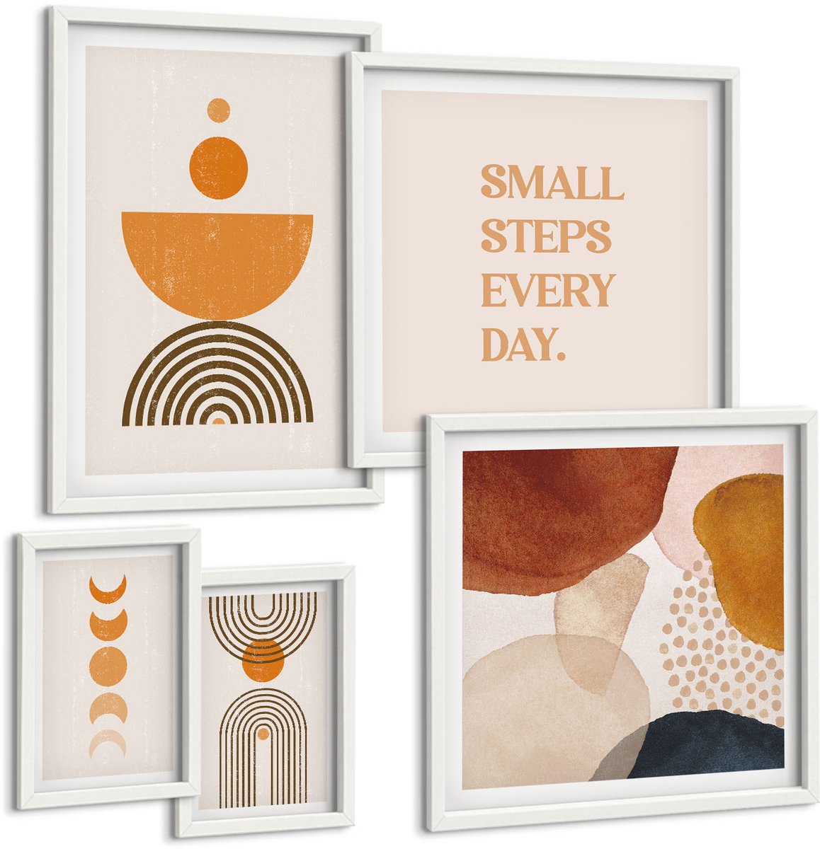Wallfluent 5-Delige Schilderij Set - Stijlvolle Aardetinten Met Abstracte Vormen. - 50 x 50 cm, 20 x 30 cm En 40 x 60 cm - Stijlvolle Muurdecoratie - Slaapkamer - Woonkamer Decoratie