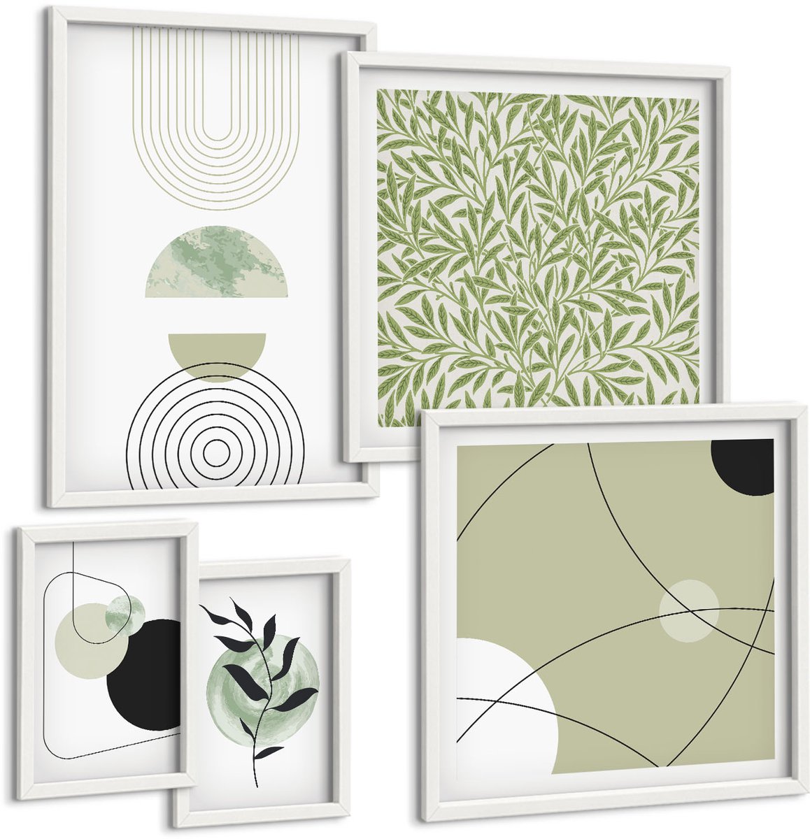Wallfluent 5-Delige Schilderij Set - Abstracte Composities Met Plantmotieven En -Vormen - 50 x 50 cm, 20 x 30 cm En 40 x 60 cm - Wanddecoratie - Muurdecoratie - Woonkamer - Interieur Decoratie