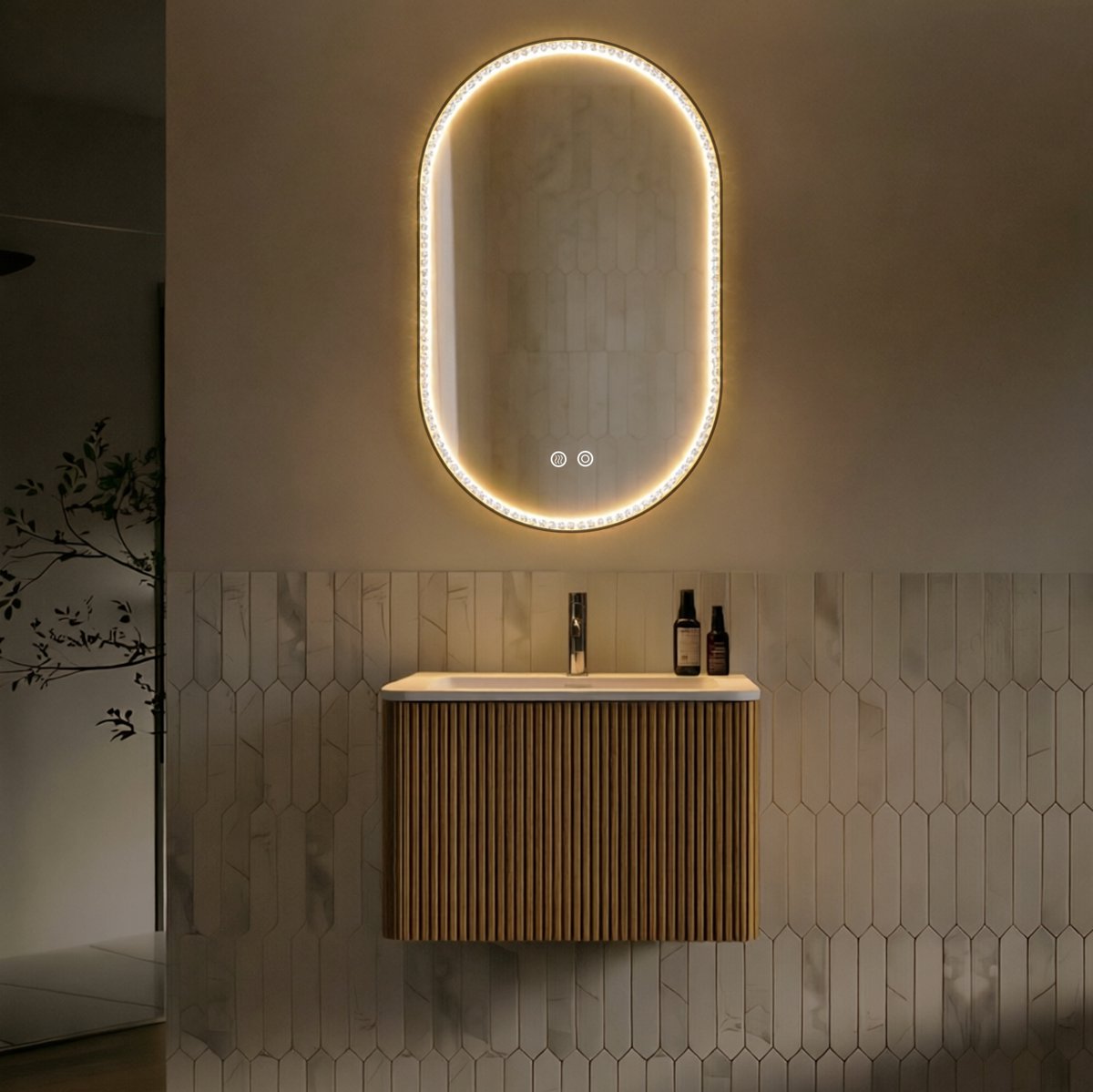 OKWISH Badkamermeubelset - Wastafelmeubel Met 1 Lade En LED-Spiegel - Wandmontage Voor Kleine Badkamer - Houtlook Eikenkleur - 60 cm