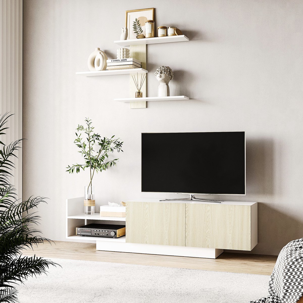ECTEATOY® TV-meubel met Wandplank - Televisiekast Set met Opbergruimte - Wit - 150x31,5x40 cm