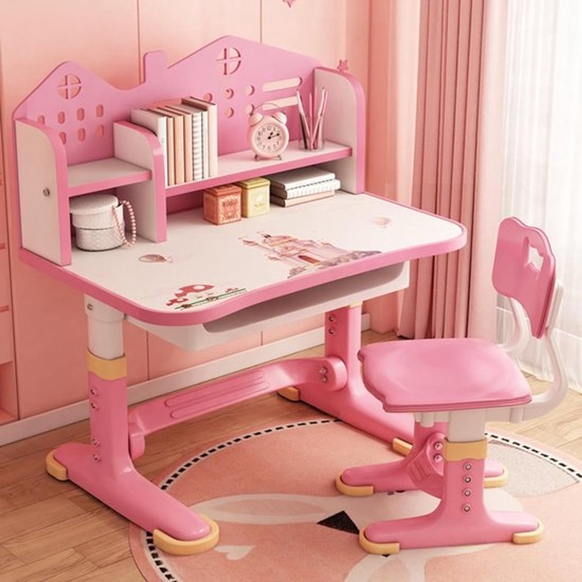 Verstelbaar Kinder Bureau en Stoelset met Opslag - Roze Cartoon Ontwerp voor Meisjes