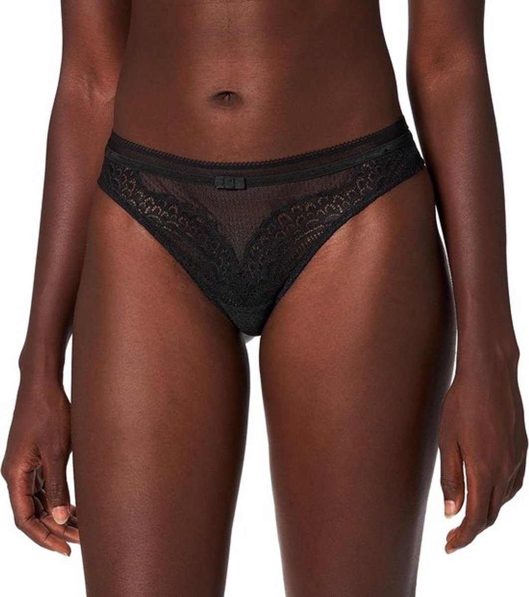 Dames String met Elastisch Kant en Gestippelde Tule - Zwart