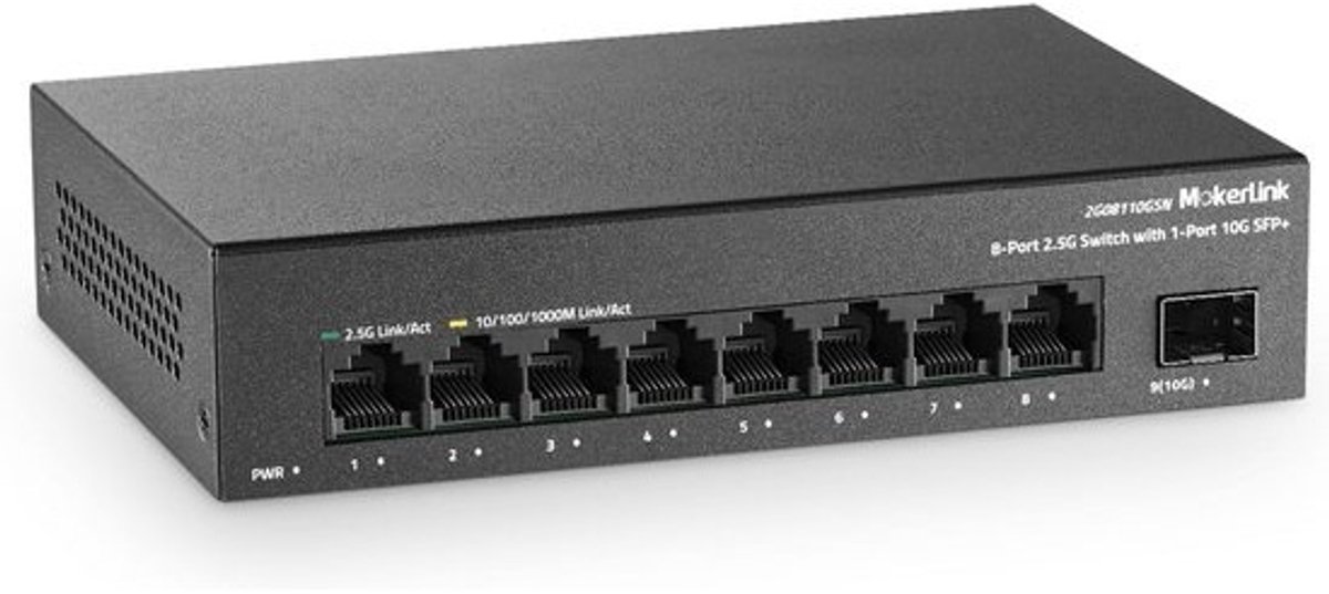 8-poorts 2.5G Ethernet Switch met 2x10G SFP+ slot en metalen behuizing - ongereguleerd en fanless