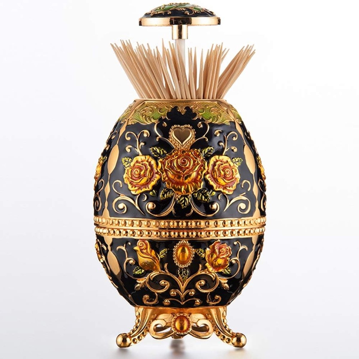 Retro Decoratieve Metalen Tandenstoker Dispenser in Fabergé Ei Stijl met Flesopener - Uniek en Functioneel Keukenaccessoire