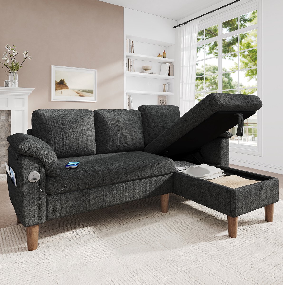 MODENUIT Hoekbank 181 x 125 x 88 cm - Met Opbergruimte En USB - Voor Woonkamer - Chenille Donkergrijs