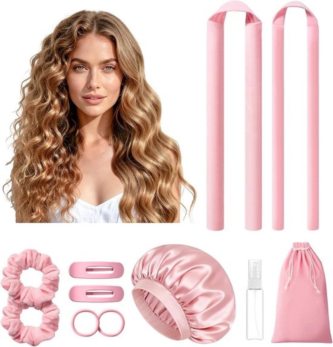 Krulset zonder hitte - Haarrollers set - Nachtelijk krullen - Twee maten - Inclusief slaapmuts - Roze