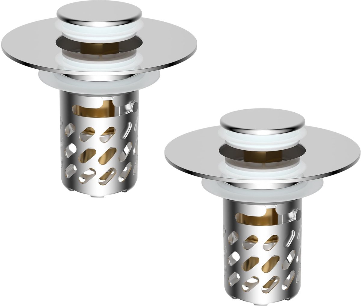 Wastafelstop - 3-in-1 Pop-up met uitneembare RVS filtermand en haarvanger - Voor wastafel - Chroom - Voor afvoeren van 30-46 mm diameter en diepte > 50 mm