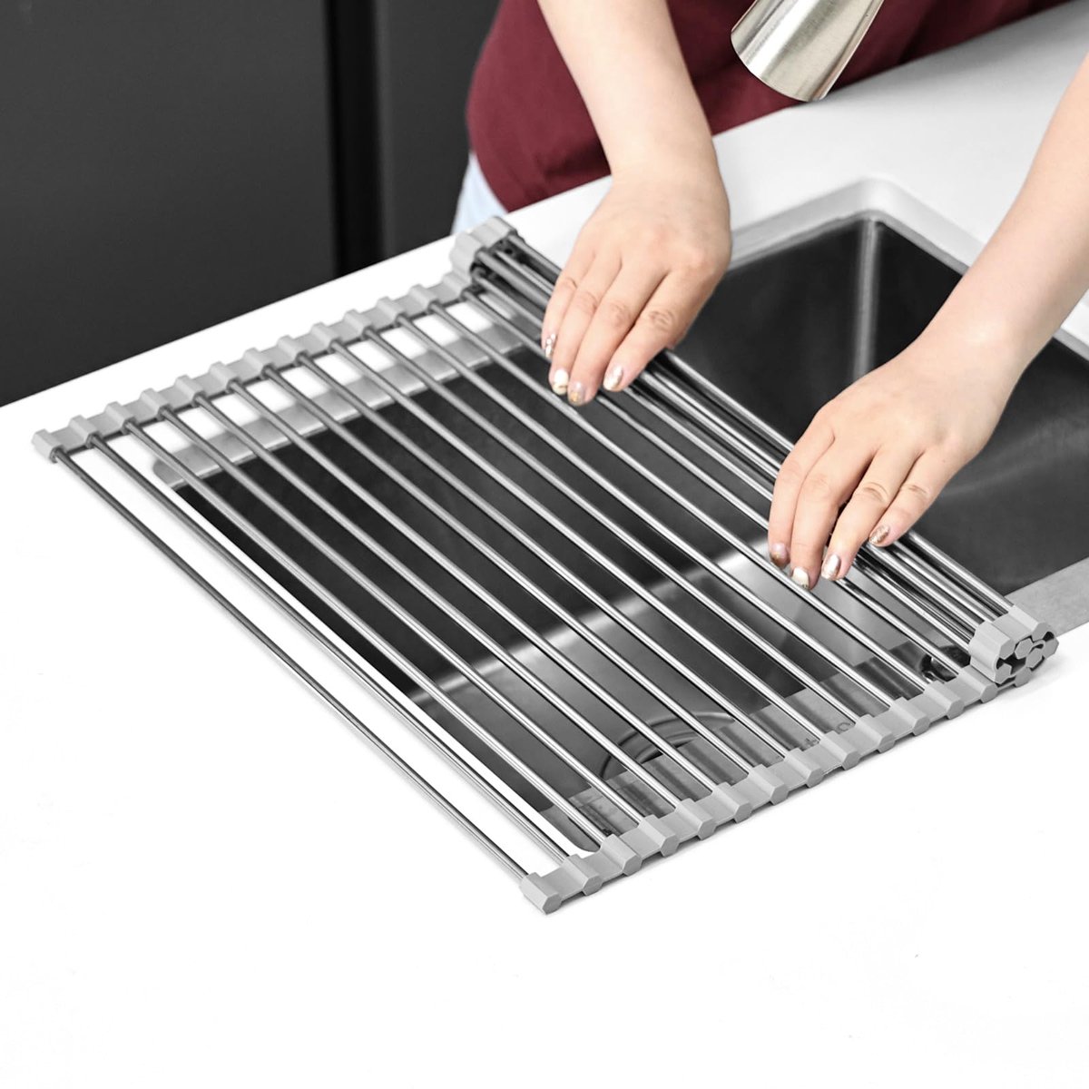 Oprolbaar Afdruiprek - Van 304 RVS en Siliconen - Voor de Keukenspoelbak - Grijs - 43x35cm