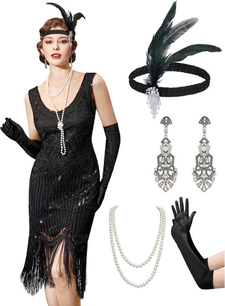 Vintage Geïnspireerde Flapper Jurk met Franjes en Looplampen Jaren '20 Kostuum Set