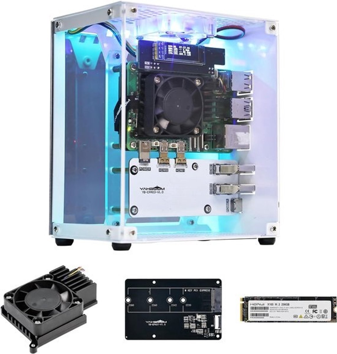 Mini PC Behuizing voor Raspberry Pi 5 met M.2 NVMe SSD Ondersteuning, Krachtige Koeling en OLED Display