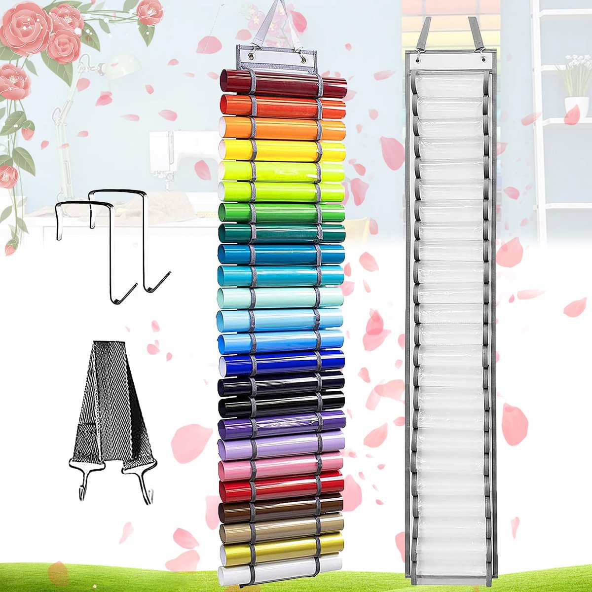 Vinylrollenhouder - Wandhouder met 24 vakken - Voor vinylrollen, cadeaupapier en design-tekeningen - Grijs