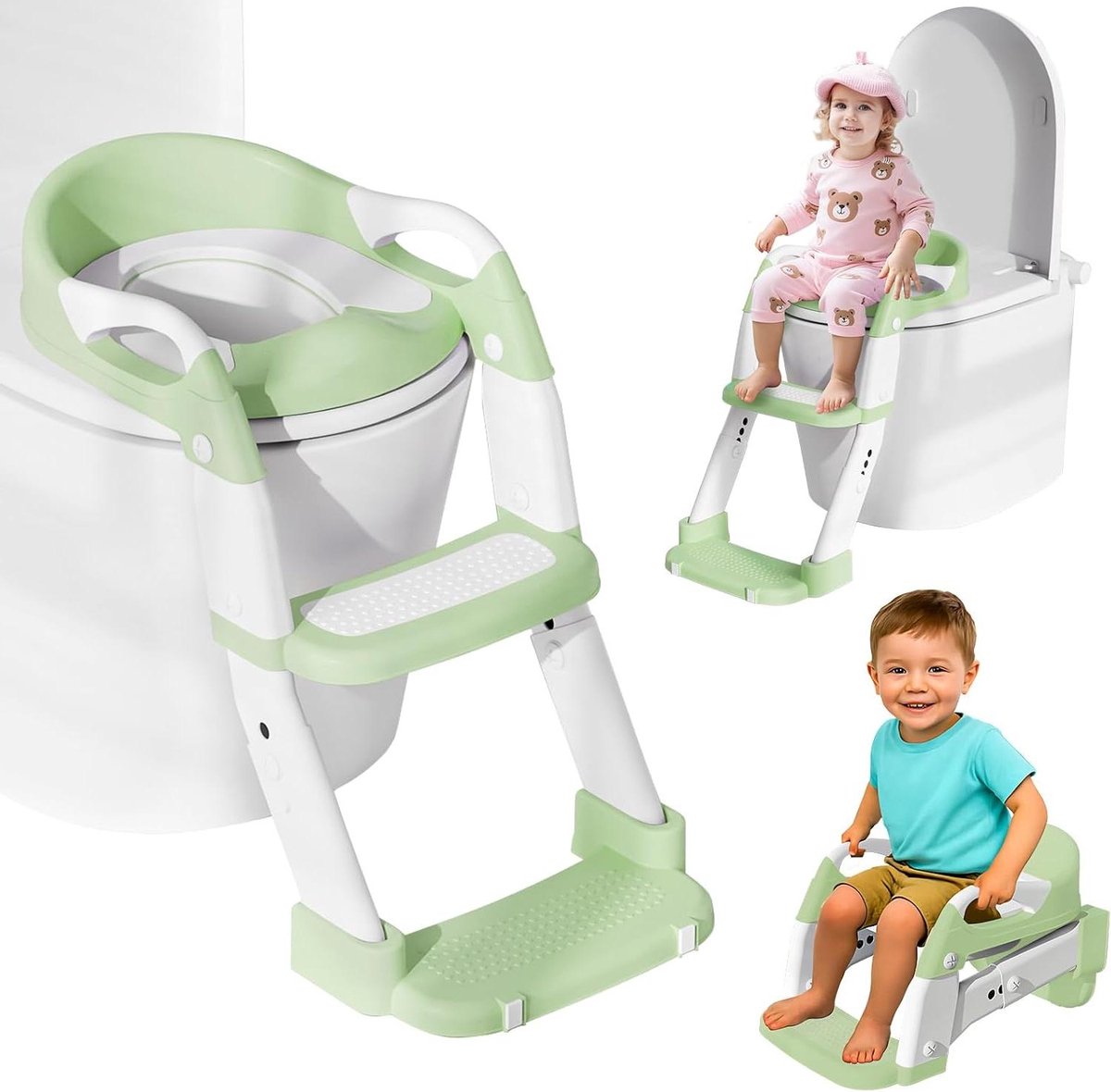 Kindertoiletbril met trap - Zindelijkheidstrainer - Onafhankelijk leren - 3-in-1 multifunctioneel - Tot 75 kg - Groen
