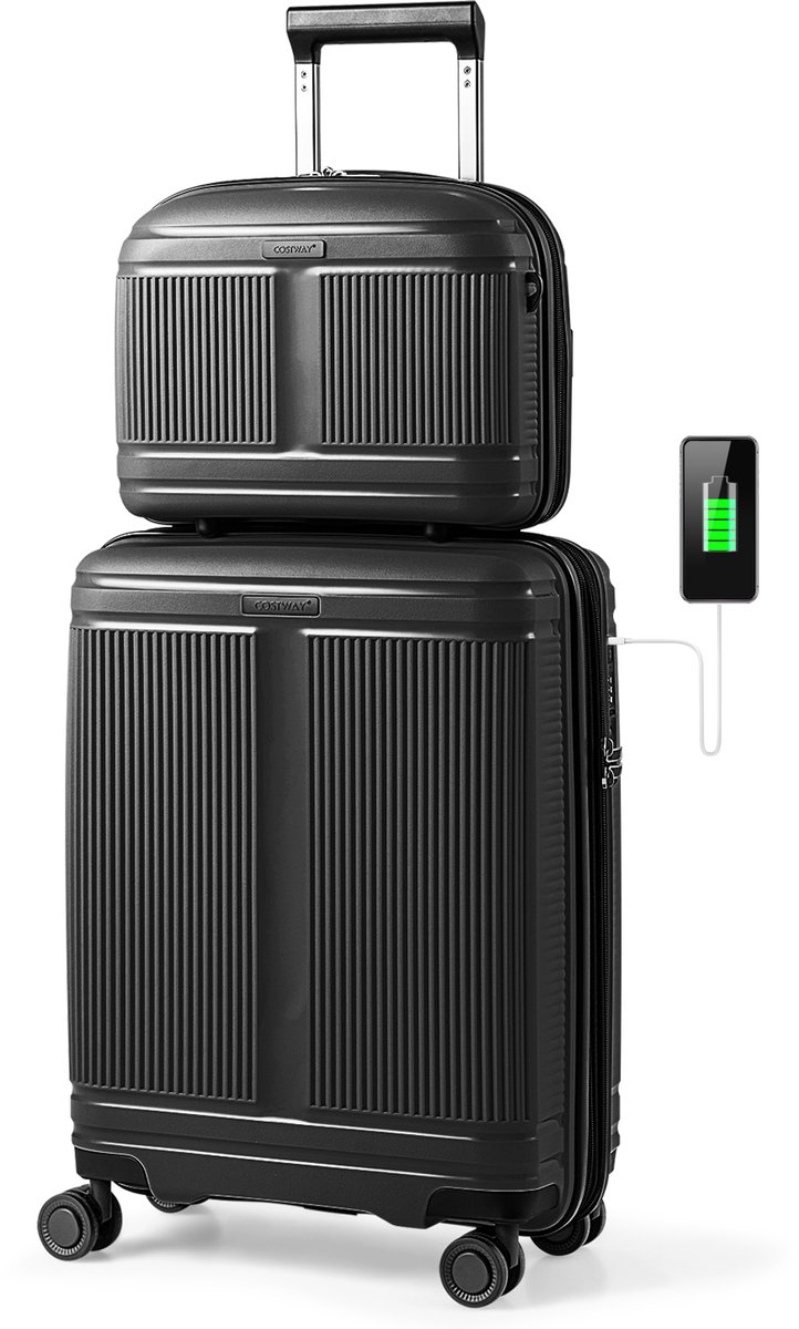 SureDeal® - Kamper - 2-delig Bagageset - Handbagagekoffer - Cosmetica Koffer Harde - 39,5x22,5x25,5 cm - Donkerbruin