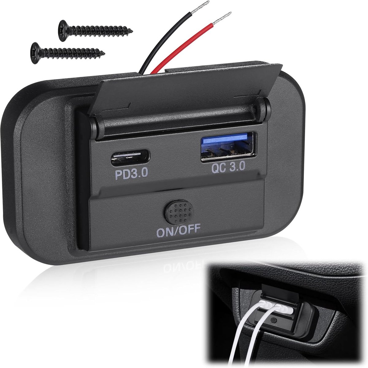 SnelShoppen - Dual USB Car Charger Socket met Switch, PD USB C en QC3.0, 12V/24V Type C Motorhome Socket voor Boot, SUV, Caravan, Truck en Marine