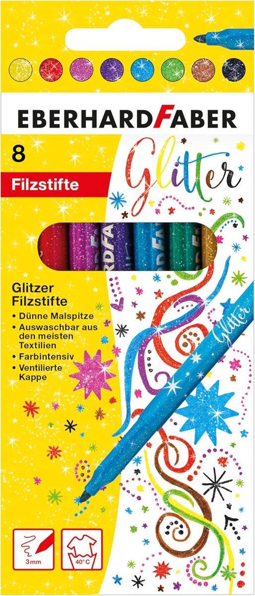 Thijox - Glitter Viltstiften Set - 8 Kleurpotloden met Dunne Punt - Ideaal voor Kinderen - Creatief Kleurplezier - Uitwasbaar - Kartonnen Doosje