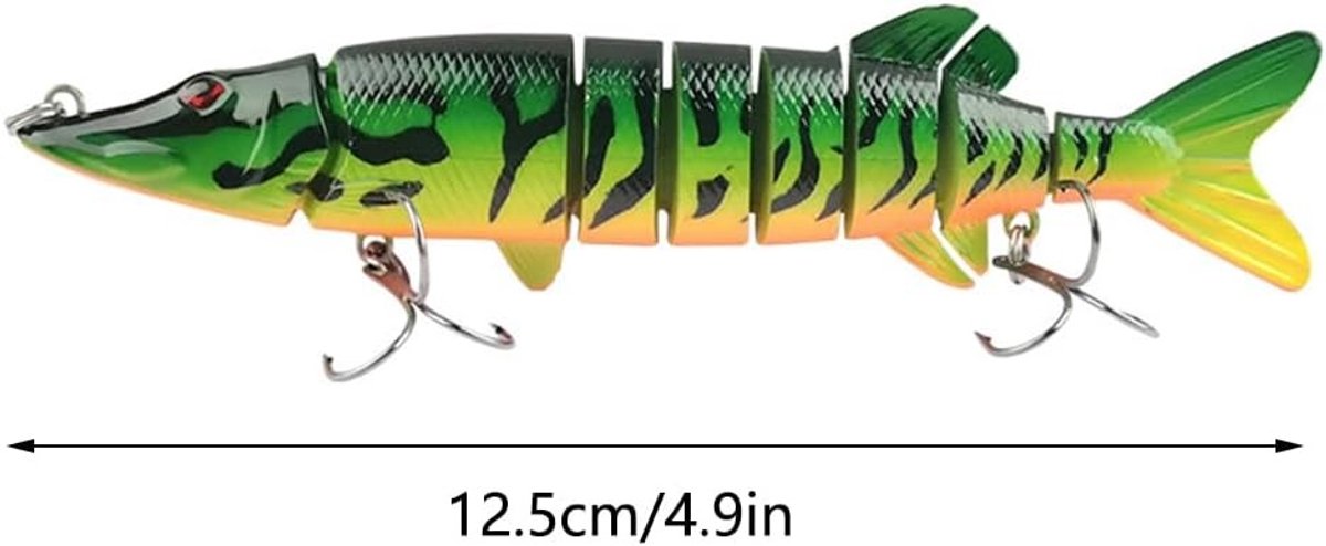 Pike Cheese Vissenaas van 12 cm, Multi-jointed Zwemvissen met Haken voor Zoet- en Zoutwater, Perfect voor Snoek, Forel en Makreel