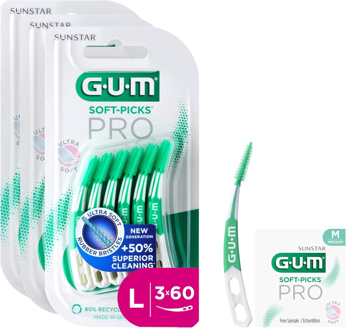 Thijox - GUM SOFT-PICKS PRO Interdentale Reinigers | Gebogen Vorm voor Moeilijk Bereikbare Plaatsen | Zachte Werking voor Gevoelig Tandvlees | 3x60 St