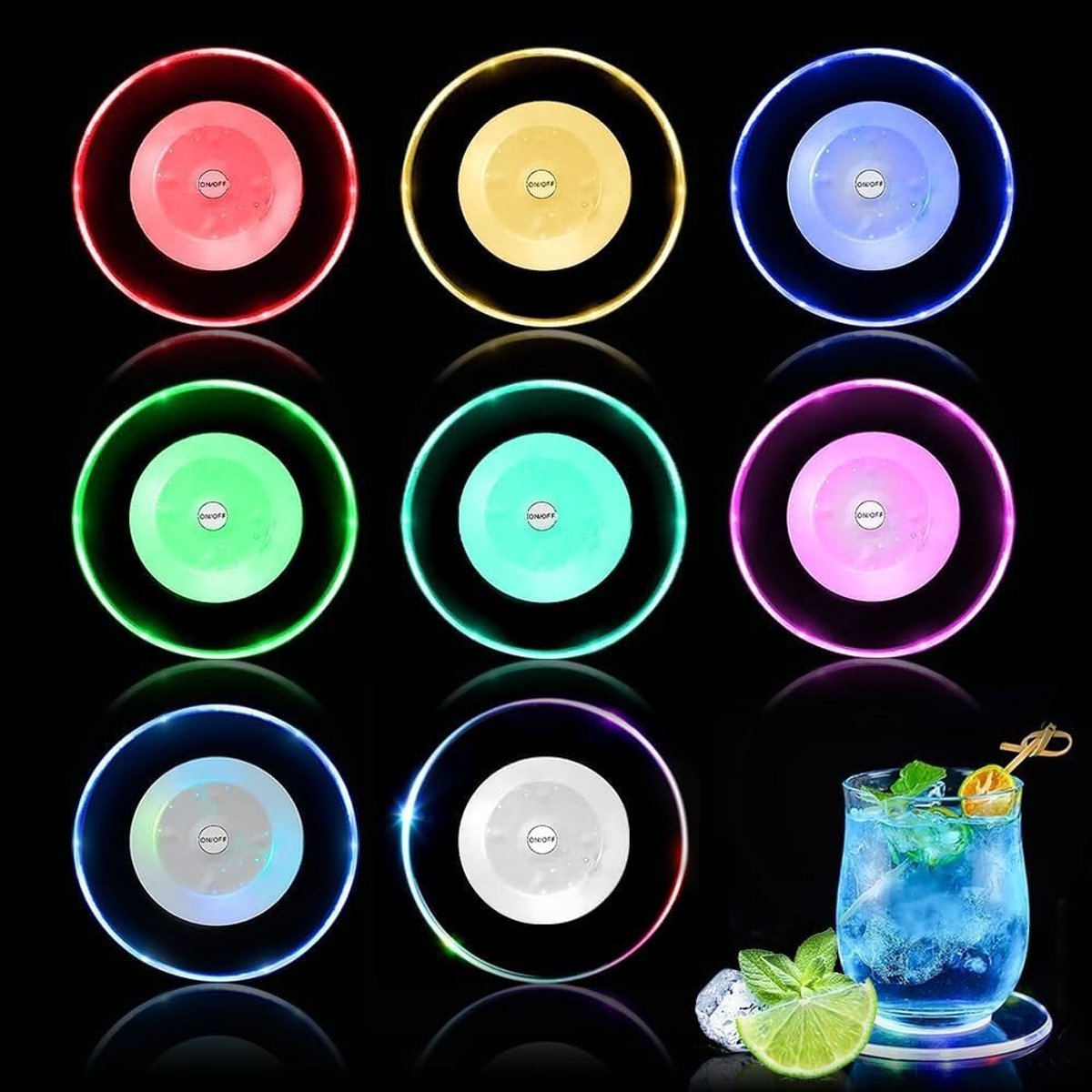 Kleurige LED Verlichte Onderzetters, Acryl Kristal Ultra Dunne Coasters met 7 Verlichtingsmodi voor Drankjes op Feesten, Bruiloften en Bars (8 Stuks)