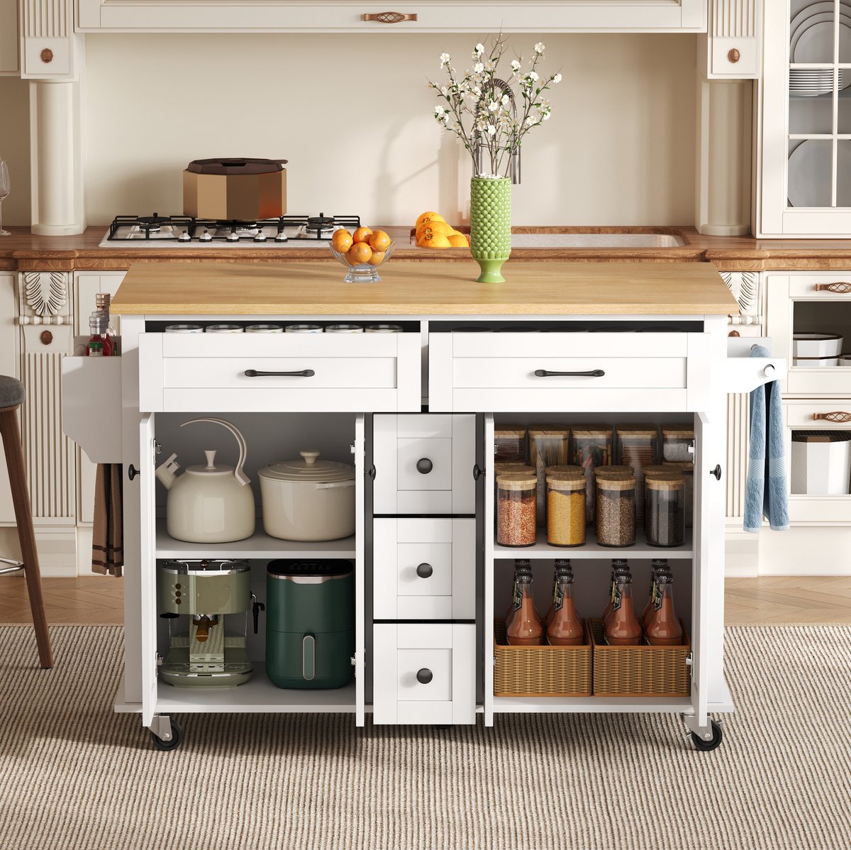 DESMIU Keukenkast - Uitklapbaar Werkblad En 5 Lades - Op Wielen Voor Keuken En Eetkamer - MDF - 140x40x89 Cm - Wit Naturel