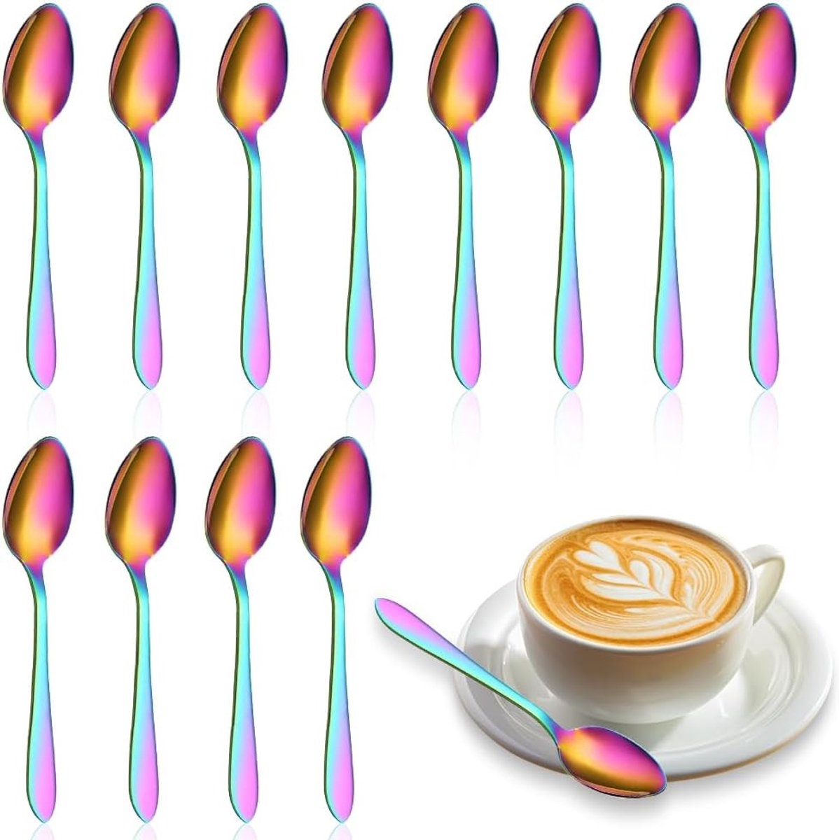 Kleurige RVS Theelepels, 12 Stuks Titanium Coating, 14 cm Handgepolijst, Ideaal voor Koffie en Desserts, Kleurrijk Bestek voor Elke Gelegenheid