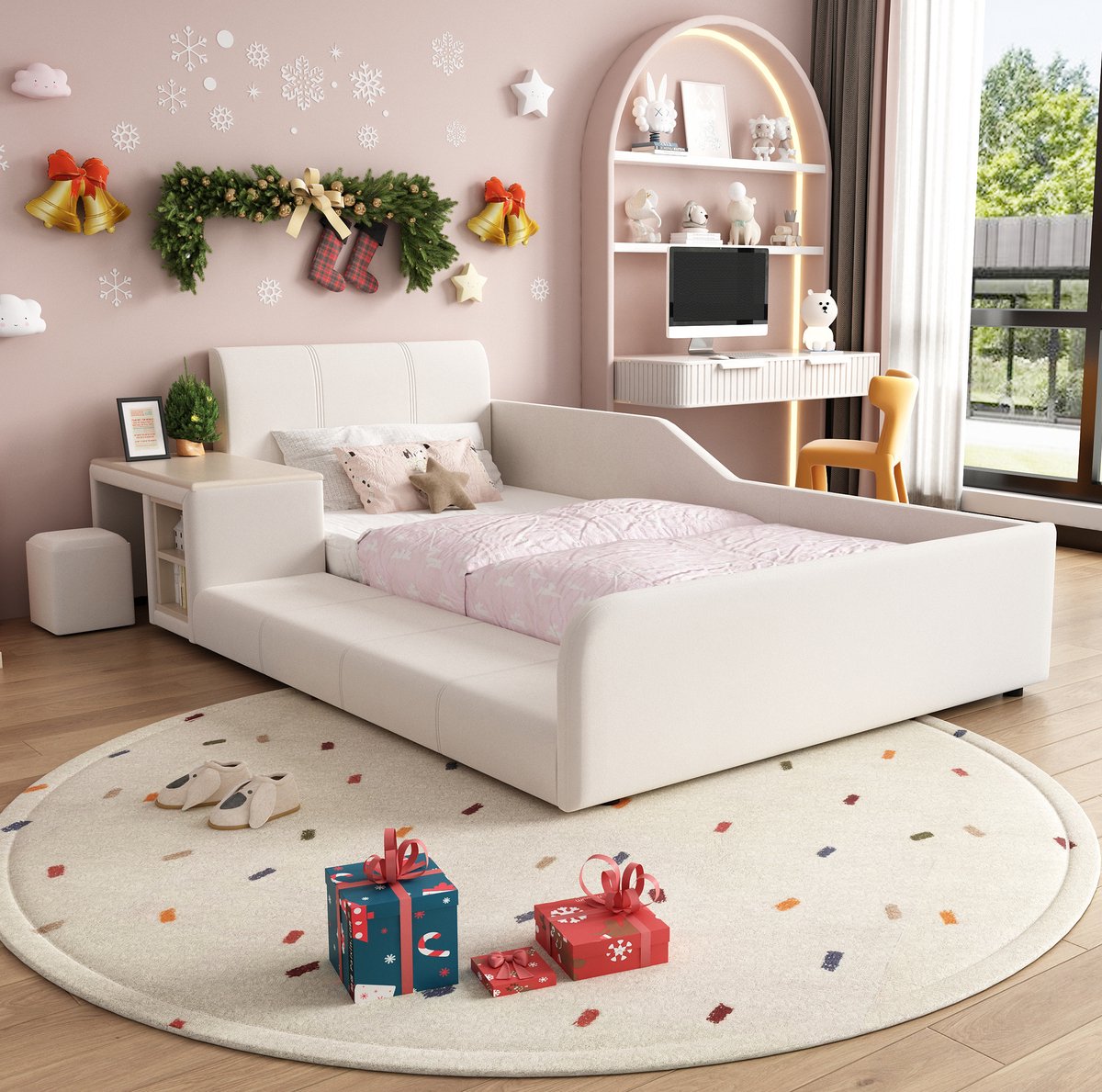 MEUNIQ kinderbed 90x200 cm met bureau en kruk, gestoffeerd bed met fluwelen hoofdbord, lattenbodem en opbergplank, eenpersoons bed voor kinderkamer, wit