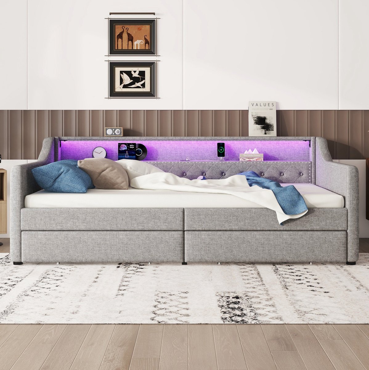 MEUNIQ slaapbank 90 x 200 cm met lattenbodem, LED sfeerverlichting met afstandsbediening, USB-aansluiting en 2 lades, daybed voor slaapkamer, grijs