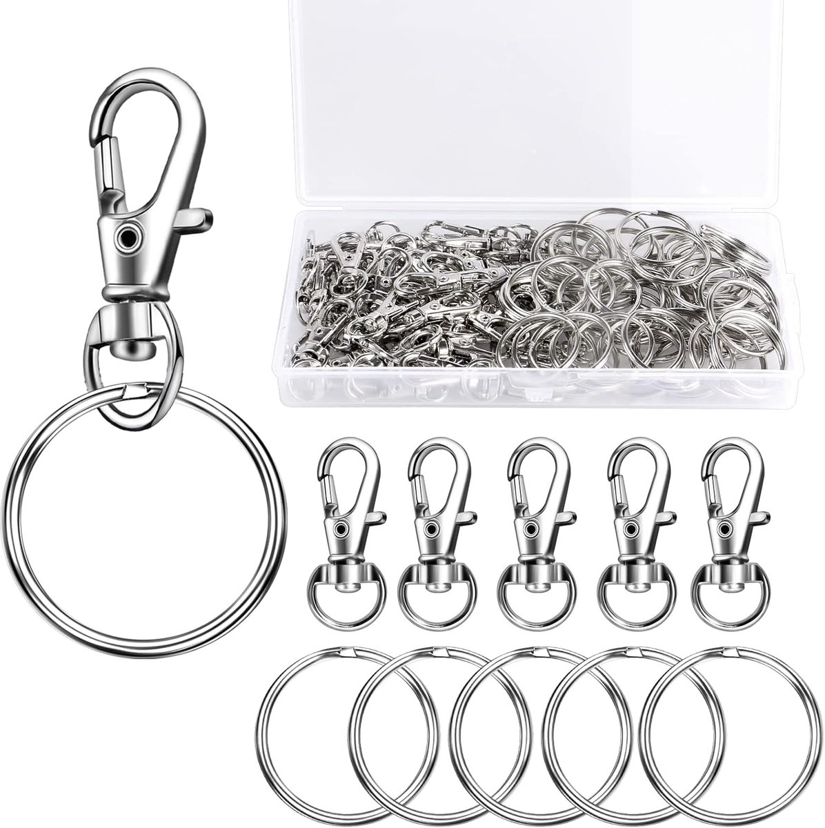 SnelShoppen - 100 Stuks Sleutelhangers Carabiner Klein, Roestvrijstaal met Plastic Doos - Ideaal voor Creatieve Klussen, Camping en Dagelijks Gebruik