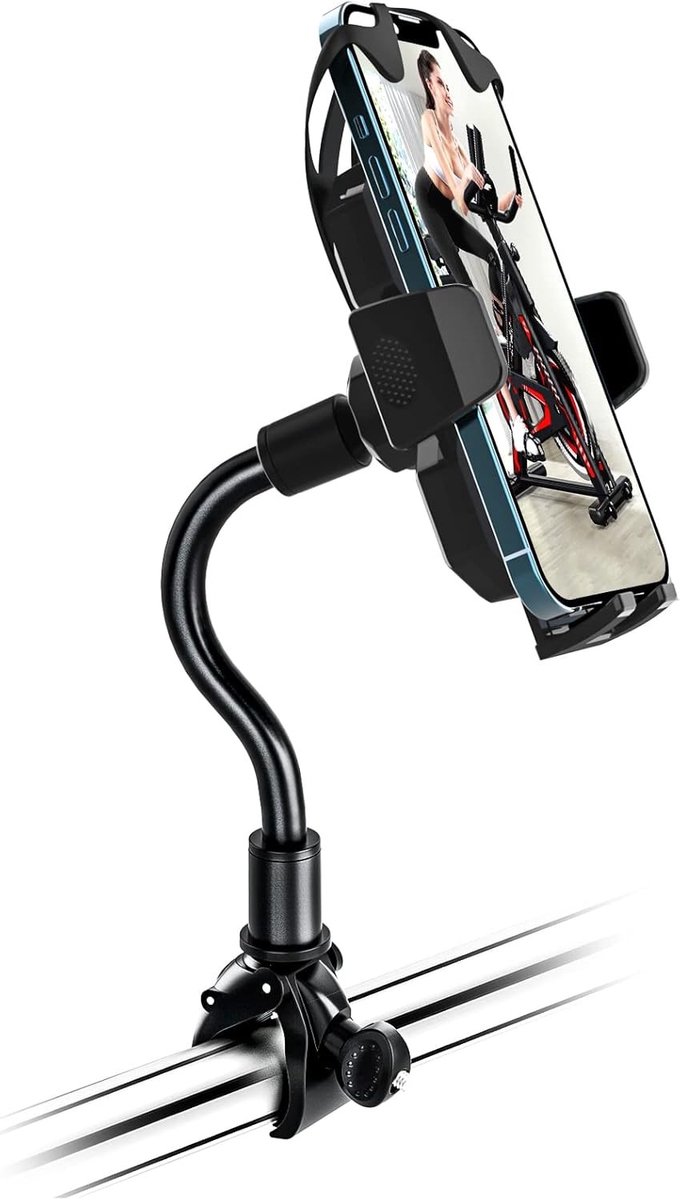Flexibele telefoonhouder voor fitnessapparatuur met 360° rotatie voor iPhone en Samsung smartphones, geschikt voor hometrainers en loopbanden