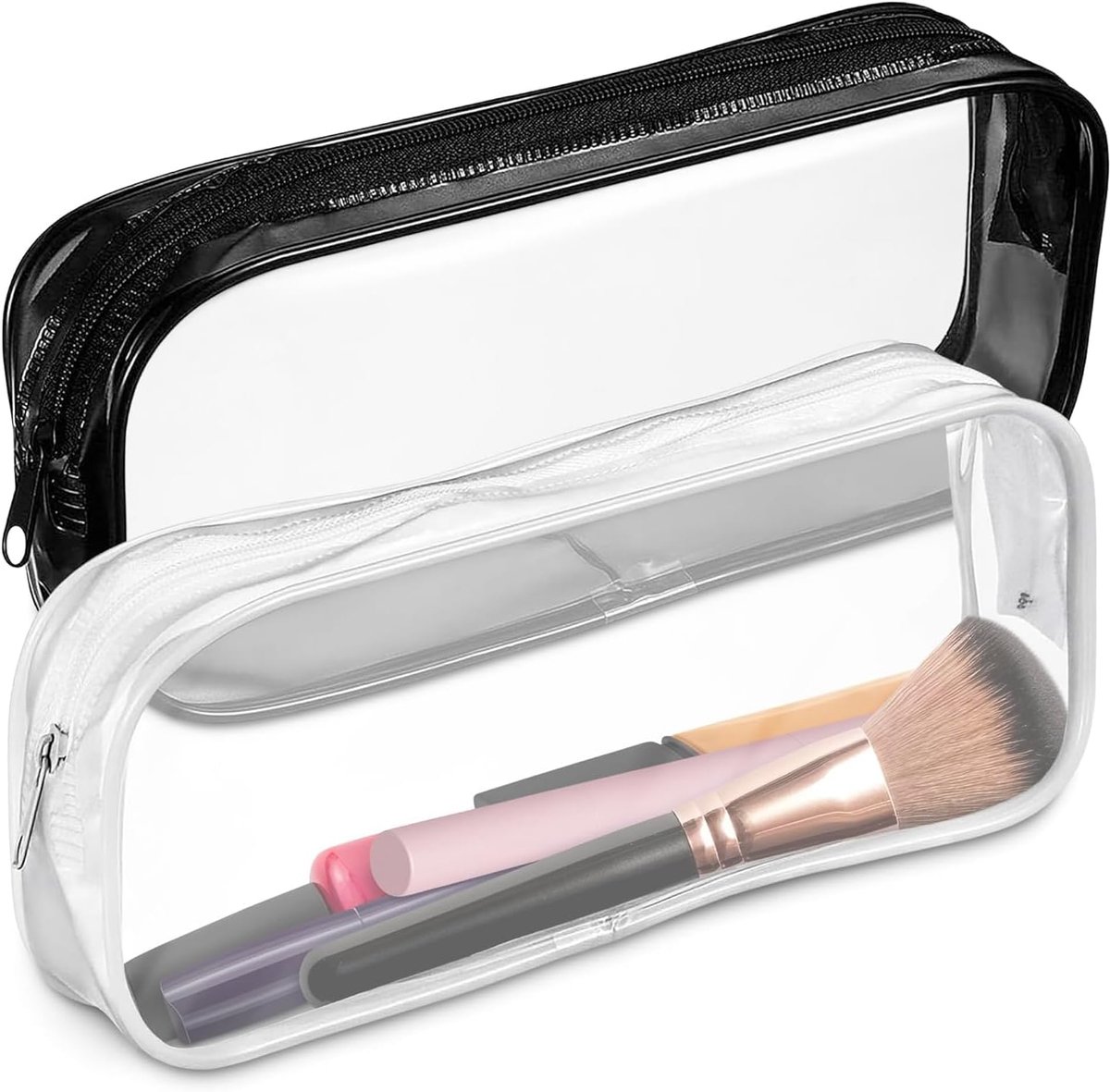 Thijox - Set van 2 Transparante PVC-Make-Uptassen en Pennenmapjes, Waterdichte Etui voor Make-Up, School, Reizen, Zwart en Wit, 20x8,5x3,5 cm