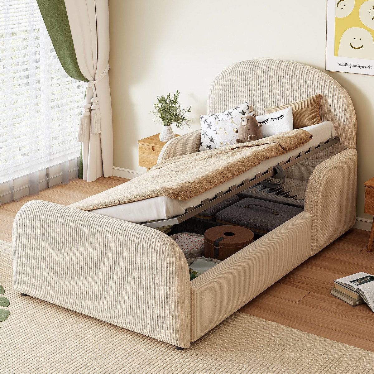 Kinderbed 90x200cm - met opbergruimte - hoge rugleuning - voeteneind en halve veiligheidsleuningen - beige - zonder matras