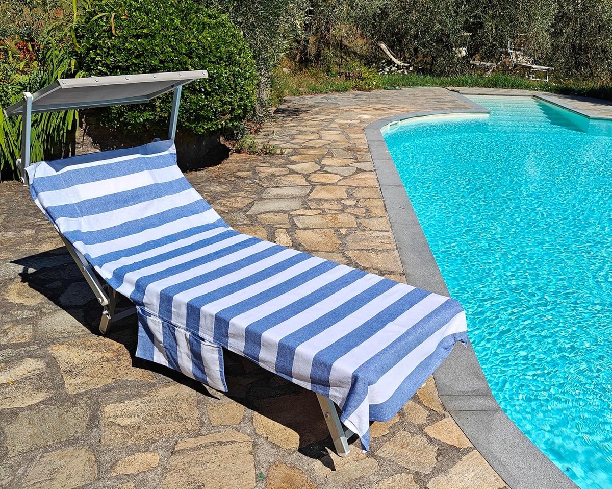 Thijox - Strandlaken voor ligstoel VERSILIA 75x195cm - Katoenen stof, gestreept design, met kussen, zakken en draagtas - Blauw en wit - Perfect voor s