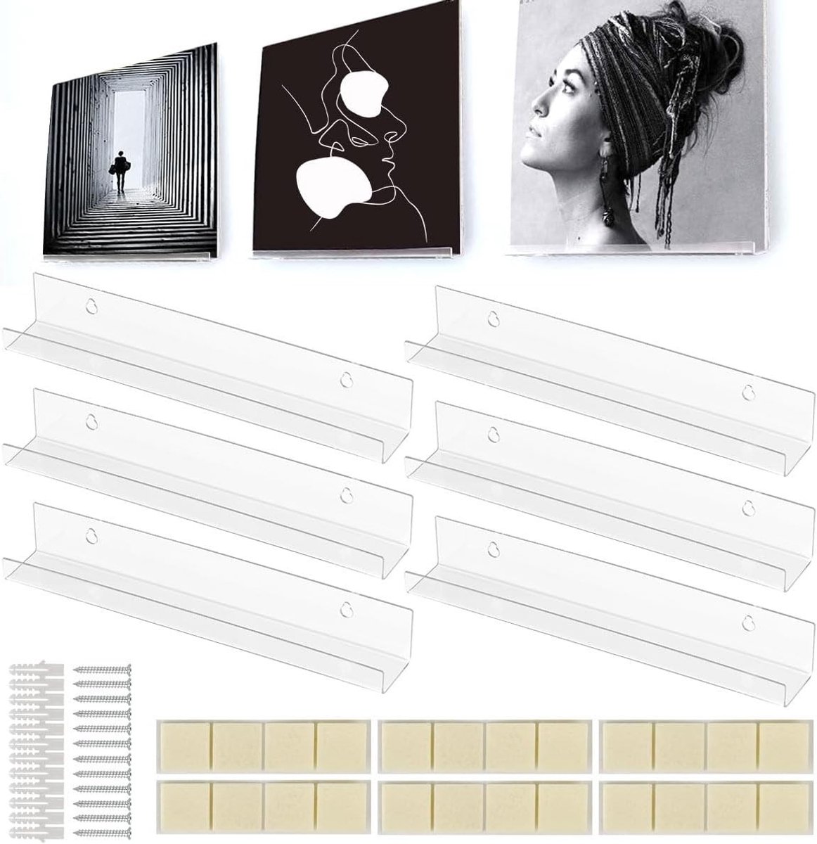 Transparante Wandplank Set van 6, Acryl Zwevende Planken, Muurbevestigingen voor Foto's en Boeken, 30.5 x 4.3 cm, Ideaal voor Organisatie en Decoratie