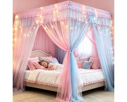 Thijox - YOUYIKE Bedluifel voor Meisjes, 200x150x200 cm, Roze/Blauw Tweekleurig Muggennet met LED Warmwitte Lichtketting, Vier Deuren Hemelbed Gordijn