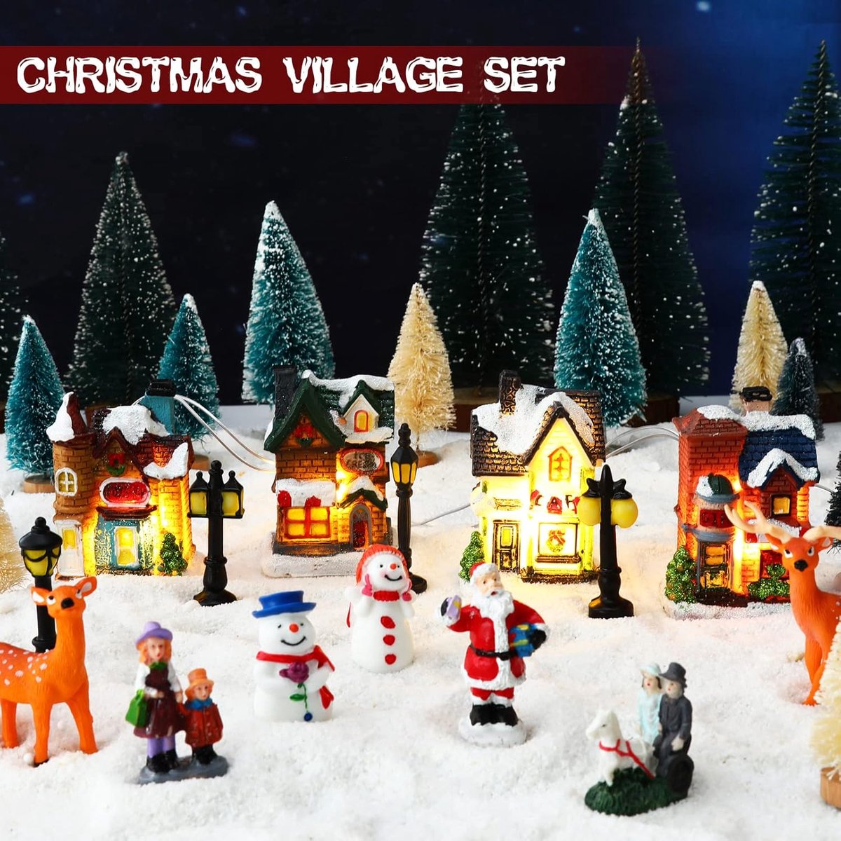 Kerstdorp Decoratie Set - Miniatuur Huisjes - Wintertafereel Creëren - Verlicht met LED - 28 Delig - Multicolor – foto 3