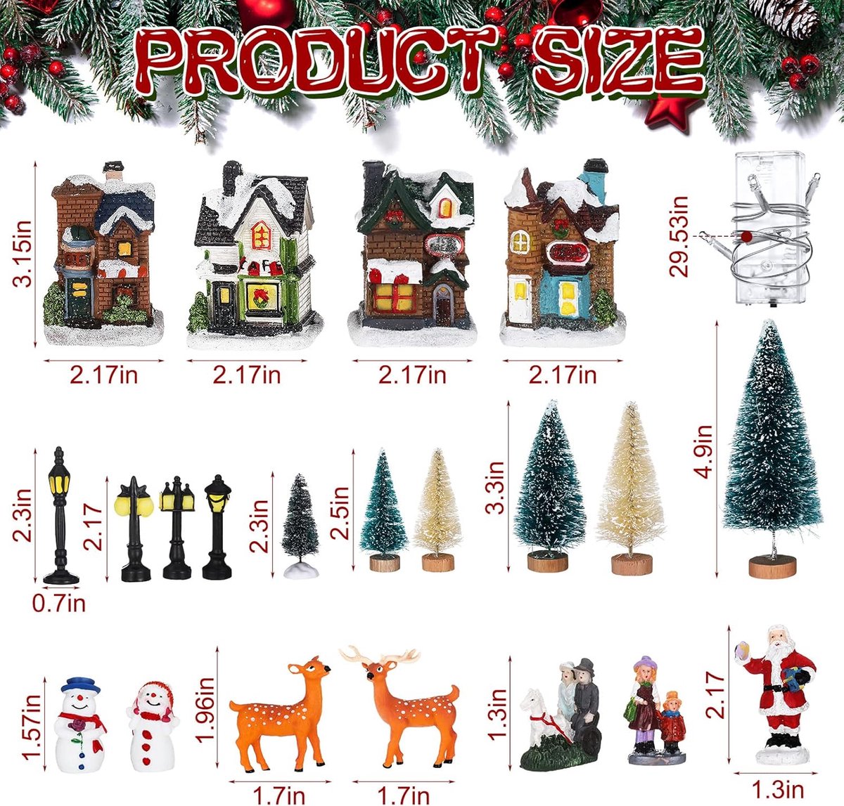 Kerstdorp Decoratie Set - Miniatuur Huisjes - Wintertafereel Creëren - Verlicht met LED - 28 Delig - Multicolor – foto 7