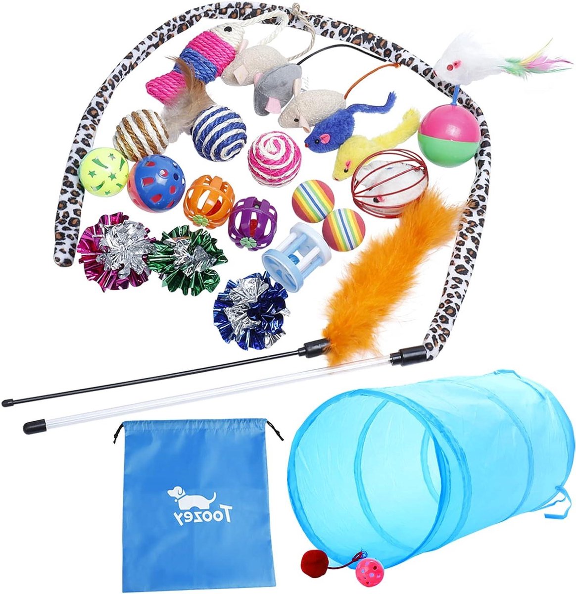 Kattenspeelgoed Set - Kitten Speelgoed - Interactief Spelen - 24 Delige Collectie - Grote Tas - Blauw