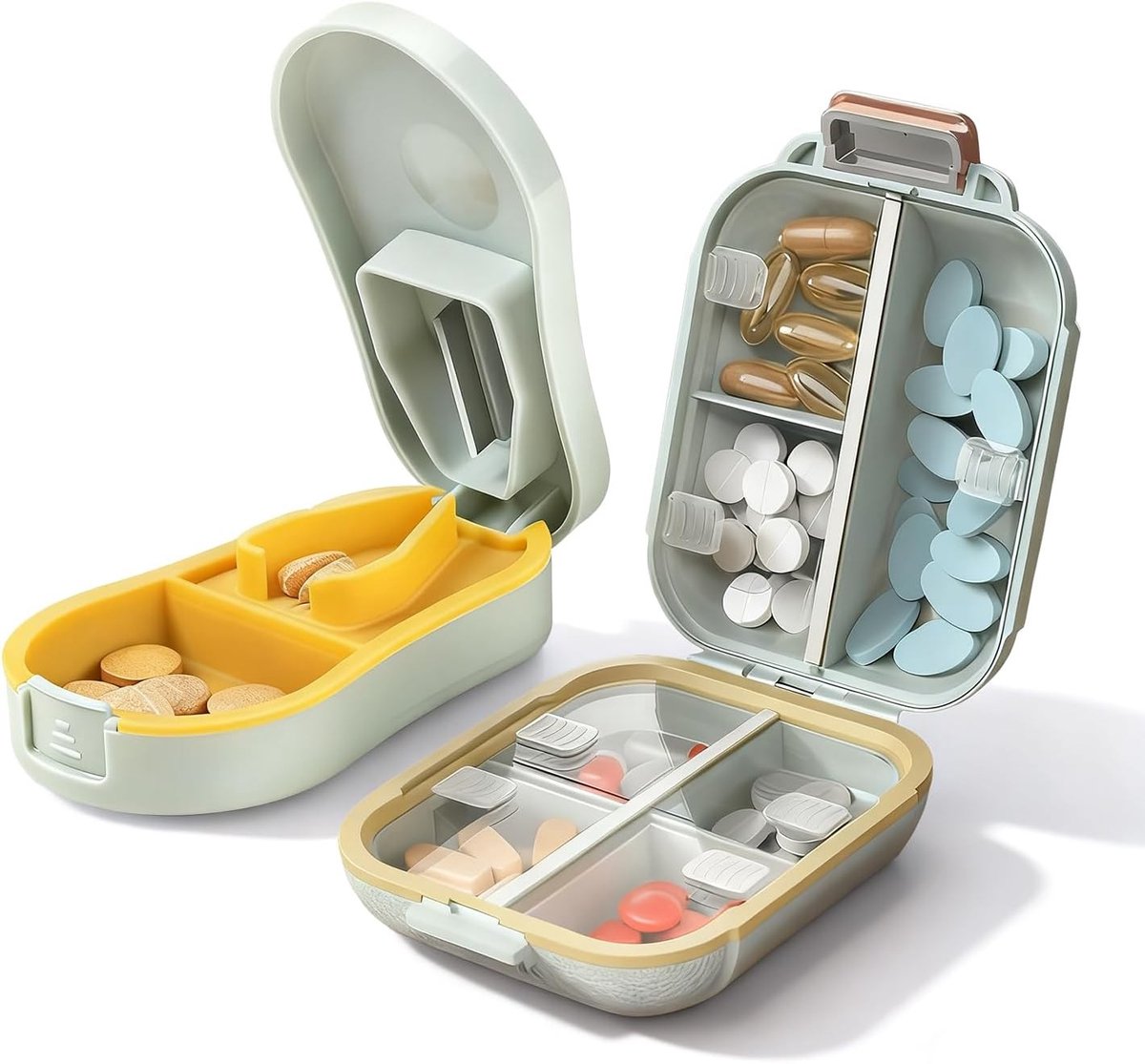 7-daagse Medicijndoos met Pillensnijder - Compacte Reispilbox, BPA-vrij en Ideaal voor Vitaminen en Supplementen (Groen Klein)