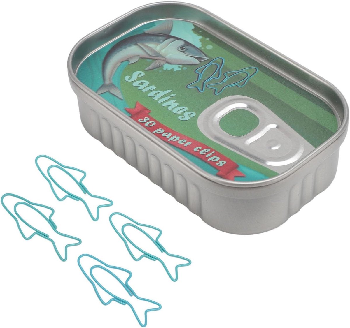 Visvormige paperclips in blauw en watergroen, afgeronde hoeken, handige opbergdoos, veelzijdig gebruik en kantoorbenodigdheden