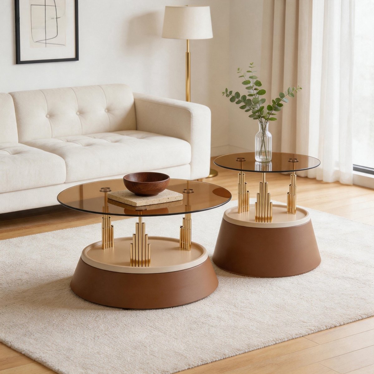MIVRAY Salontafelset - 2 Delige Ronde Nesttafels Met Gehard Glas - Ruimtebesparend Voor Woonkamer - Metaal En Bruin Glas - 70x70x48 Cm