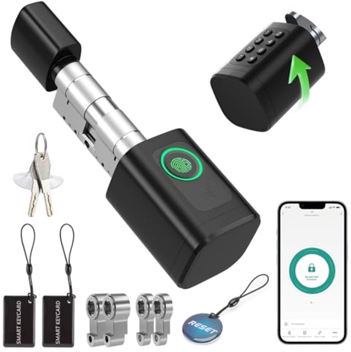 Vingerafdruk Smart Lock – Elektronisch deurslot met cilinder 60–90 mm, ontgrendelen via vingerafdruk, code, RFID, app, Bluetooth & sleutel