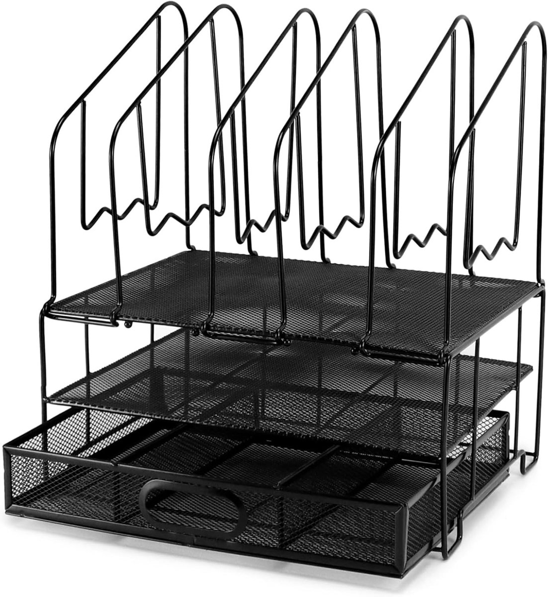 Mesh Bureau Organizer met Lade en 6 Verticale Houder, Desk Organizer voor een Opgeruimd Bureau, Zwart