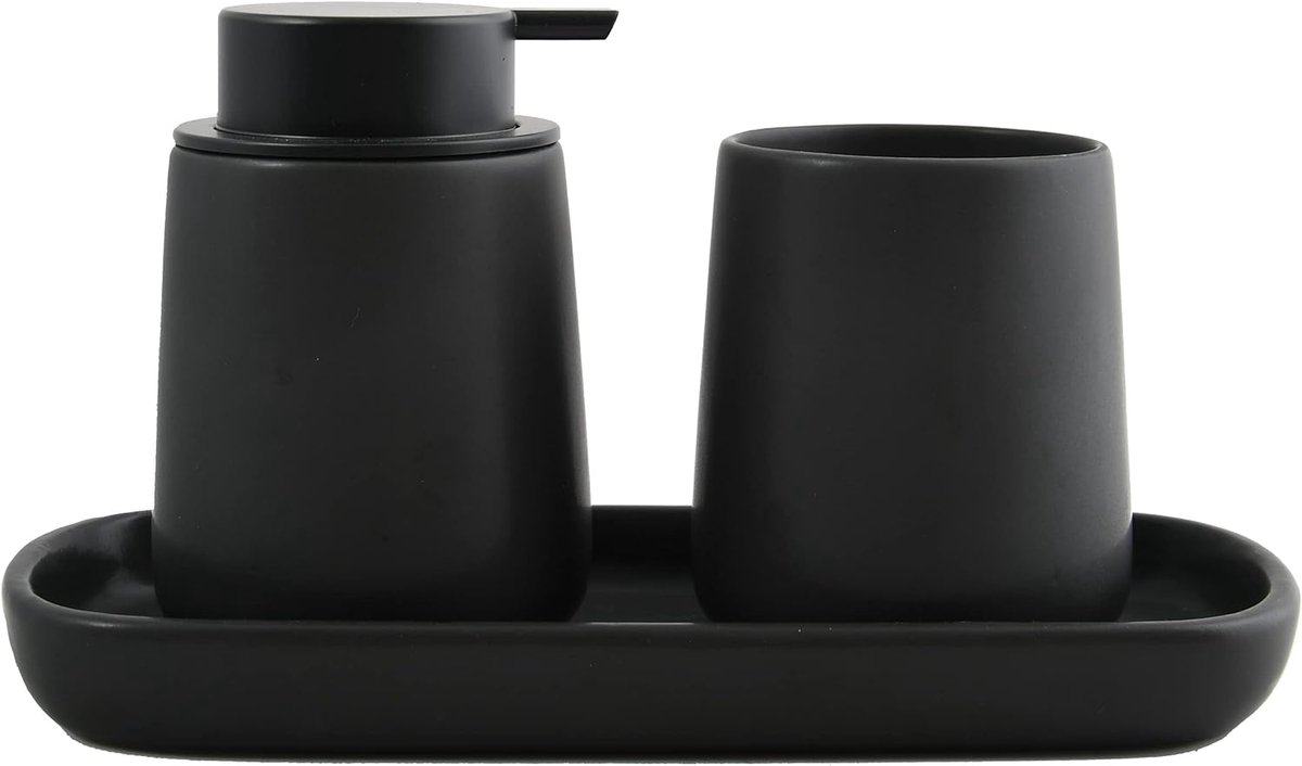 Thijox - 3-delige Badkamerset Keramiek Maonie - Zeepdispenser, Badplank voor Sieraden, Tandenborstelbeker - Zwart, Badkameraccessoires voor Elegant De